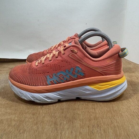 Hoka One One Bondi 7 Womens Size 7 Running Shoes Orange Sneakers - Picture 3 of 9
